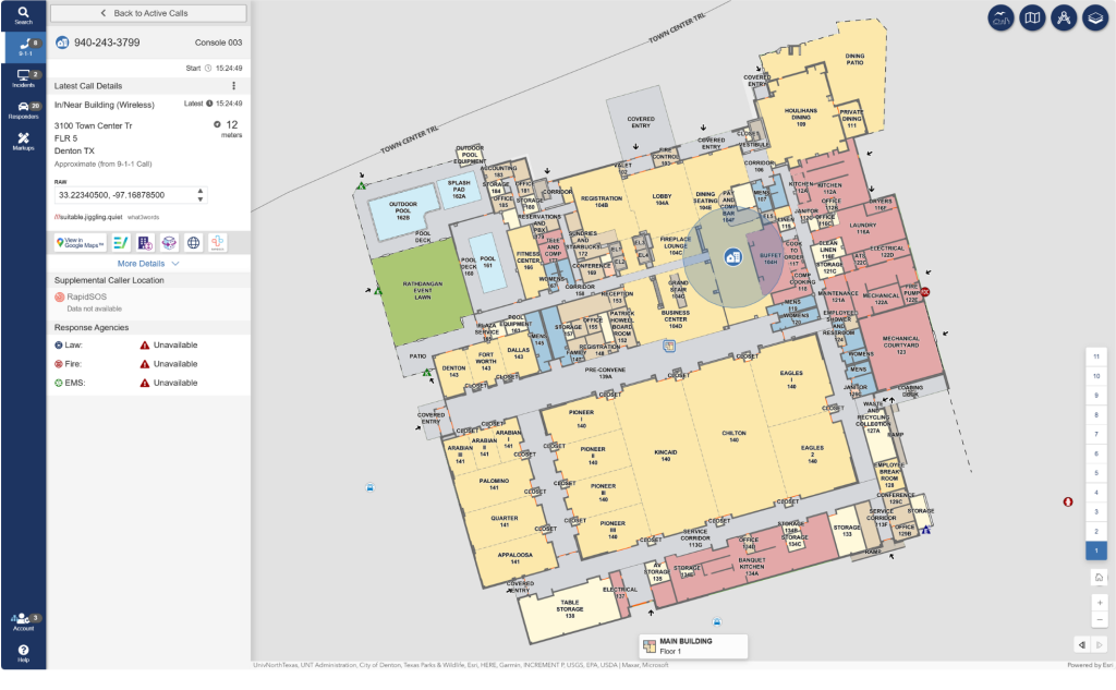 Screenshot of GeoComm’s Public Safety Content Library (PSCL) showing indoor mapping of a 9-1-1 caller’s location inside a building.