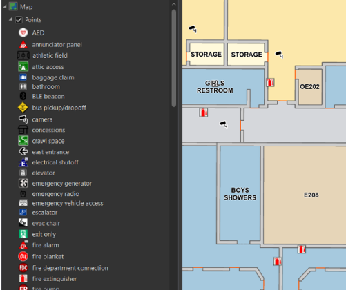 Dynamic indoor map showing school floor plan with selectable layers for fire extinguishers, restrooms, AEDs, electrical shutoff, and other emergency and facility features