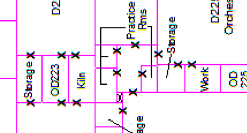 Floor plan diagram showing reduced readability at different scales and rotations, highlighting limitations compared to an interactive indoor map