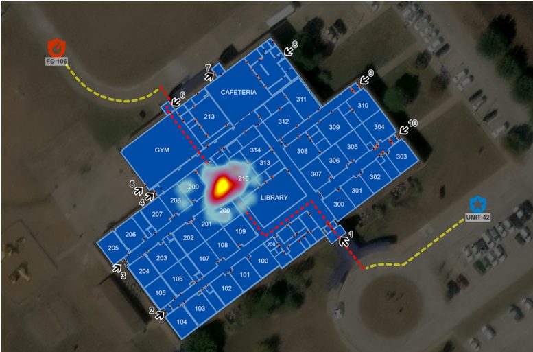 Digital indoor map of a school building overlaid on aerial imagery, showing emergency routes, responder locations, and alarm zones during an emergency event