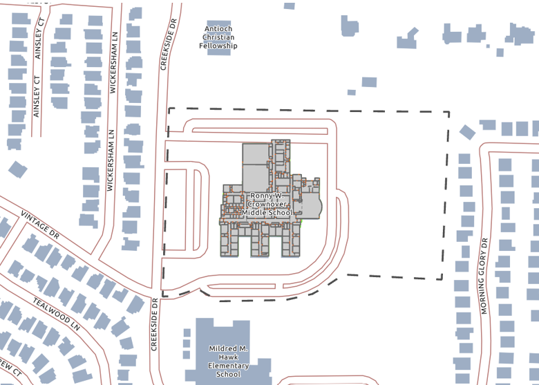 Indoor map of Ronny W. Crownover Middle School showing building layout and surrounding streets