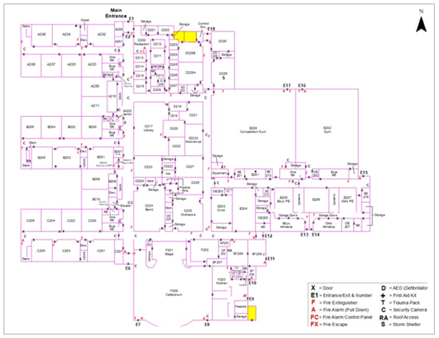 Traditional building floor plan showing individual rooms and exits, lacking indoor map features like context-aware navigation or outdoor information.