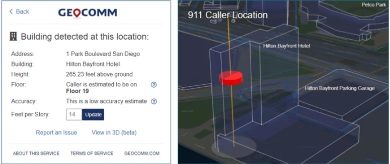 A GeoComm interface showing estimated vertical location details for a 9-1-1 caller. The left panel displays caller altitude, estimated floor level, and location accuracy. The right side features a 3D building visualization with a highlighted vertical position indicating where the caller is located inside the structure