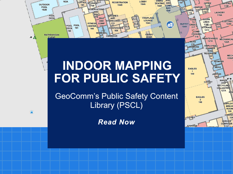 Public safety indoor mapping from GeoComm’s PSCL showing a 9-1-1 caller’s exact location inside a building to guide first responders faster.